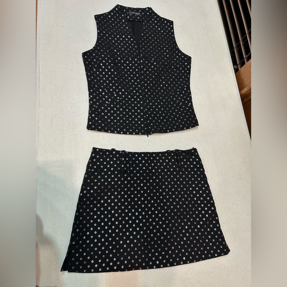 (M) Vintage 2-piece Black/Metallic Polka Dot Top/Skirt Set